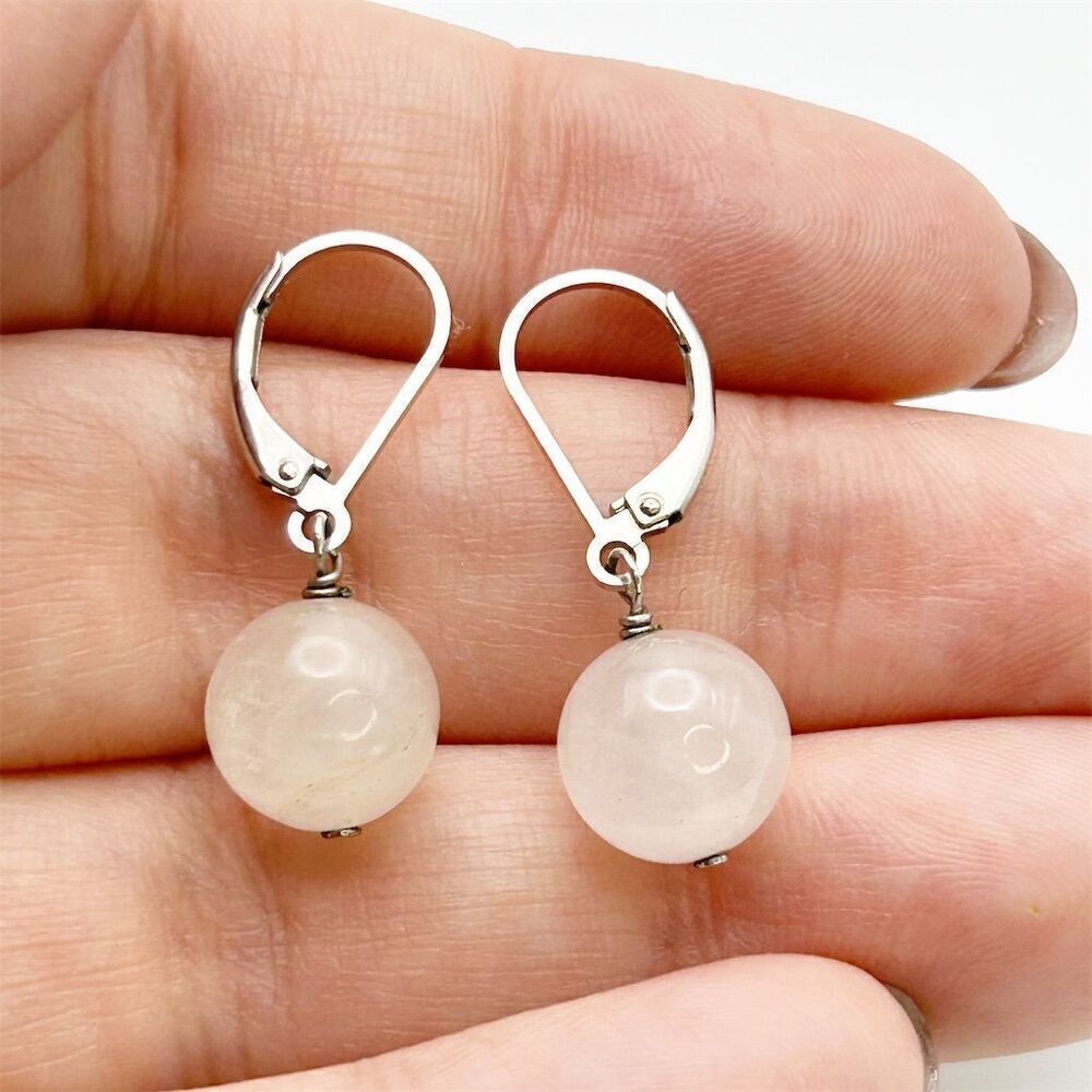 Pink Rose Quartz Dangle Earrings 925 Sterling Silver Lever Back Classic Dainty
